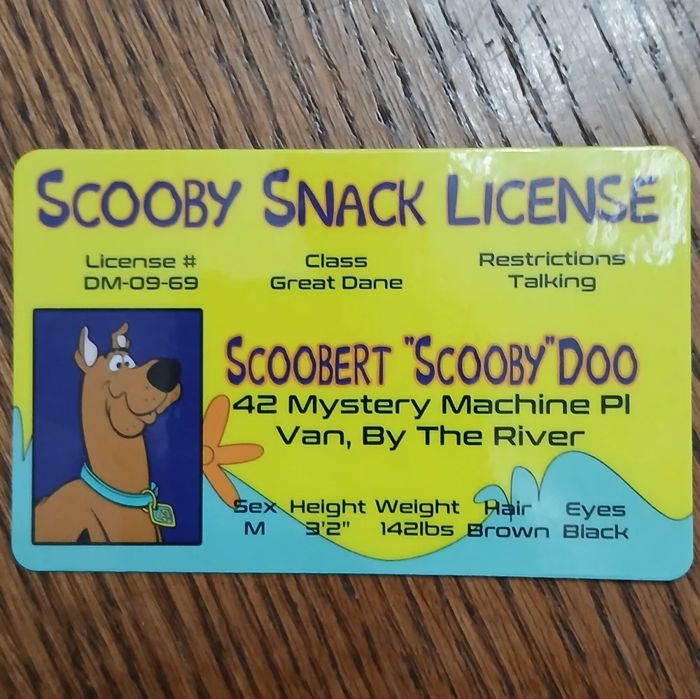 Scooby Doo License ID Laminated Card Novelty Movie Cartoon Prop Kid Gift